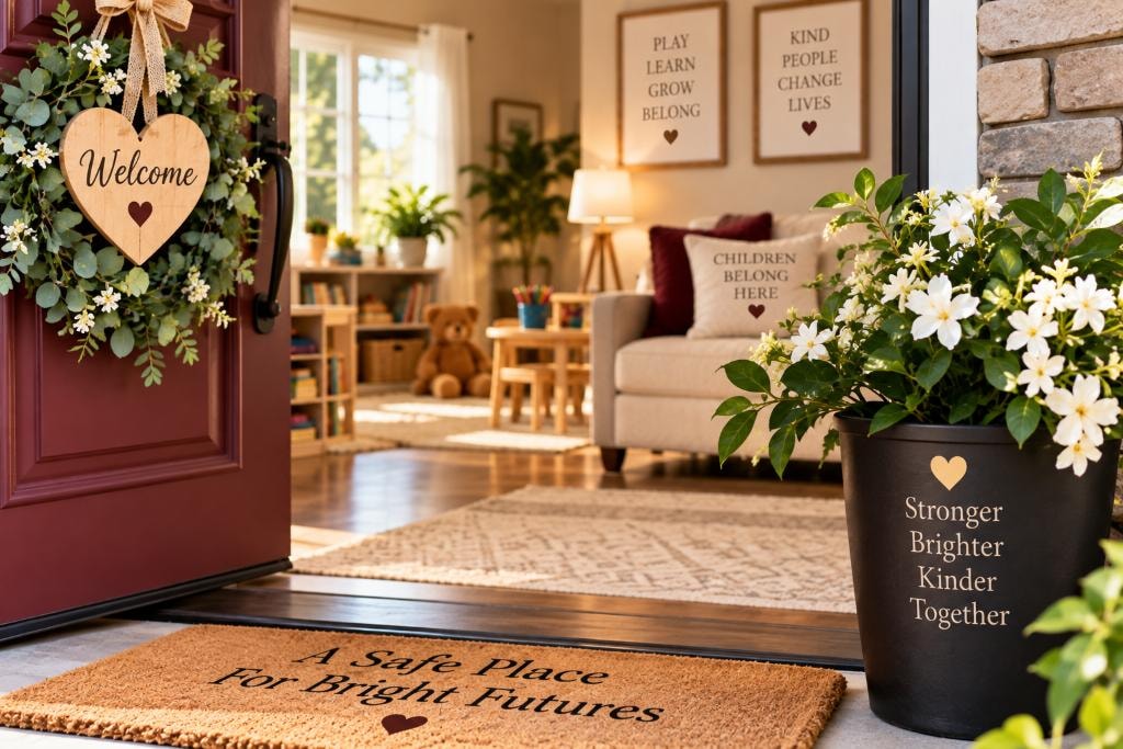 Welcoming entrance of the Halili Small Family Home with a burgundy door, warm décor, and a 'A Safe Place For Bright Futures' doormat